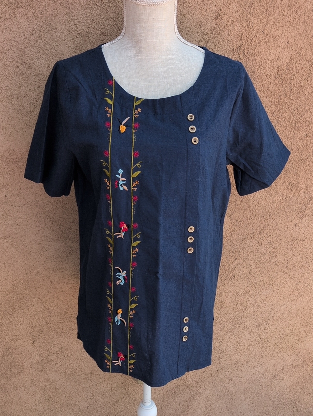 Mod Lily Tropical Floral Embroidery Dark Chambray 100% Cotton Blouse Feminine